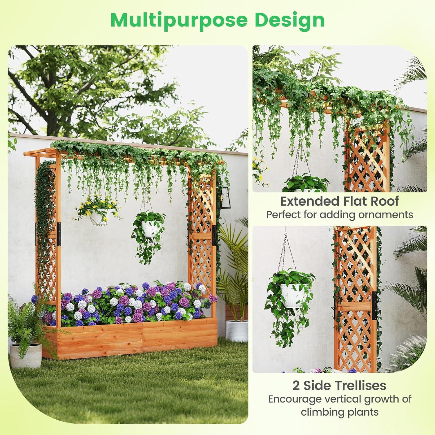 image:imageGiantex Raised Garden Bed with Trellis amp Hanging Roof Wood Planter Box with Bottom and Drainage Holes Freestanding Garden Planter for Flower Vegetable Fruit Herb Climbing Vines 79 x 175 x 451