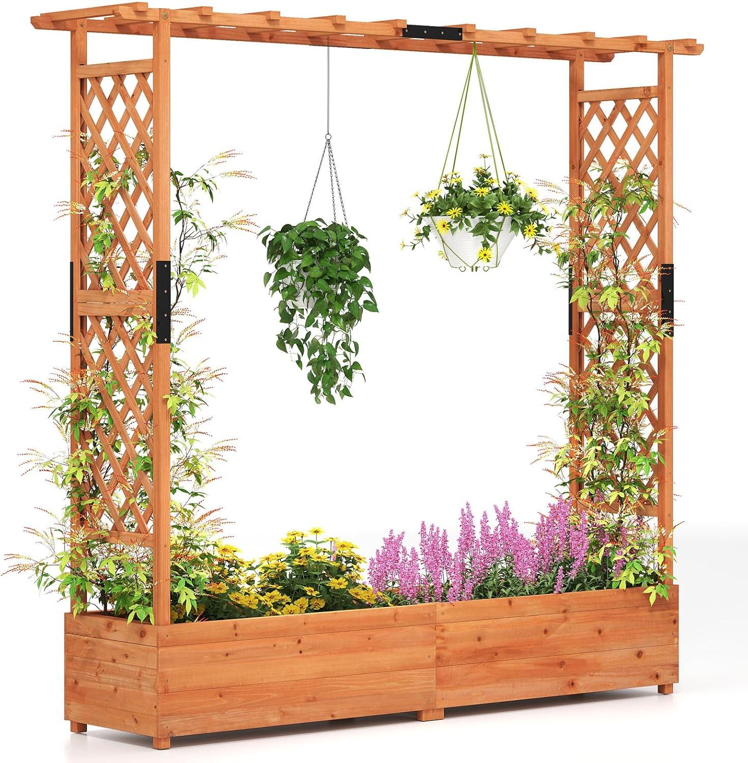 image:imageGiantex Raised Garden Bed with Trellis amp Hanging Roof Wood Planter Box with Bottom and Drainage Holes Freestanding Garden Planter for Flower Vegetable Fruit Herb Climbing Vines 79 x 175 x 451