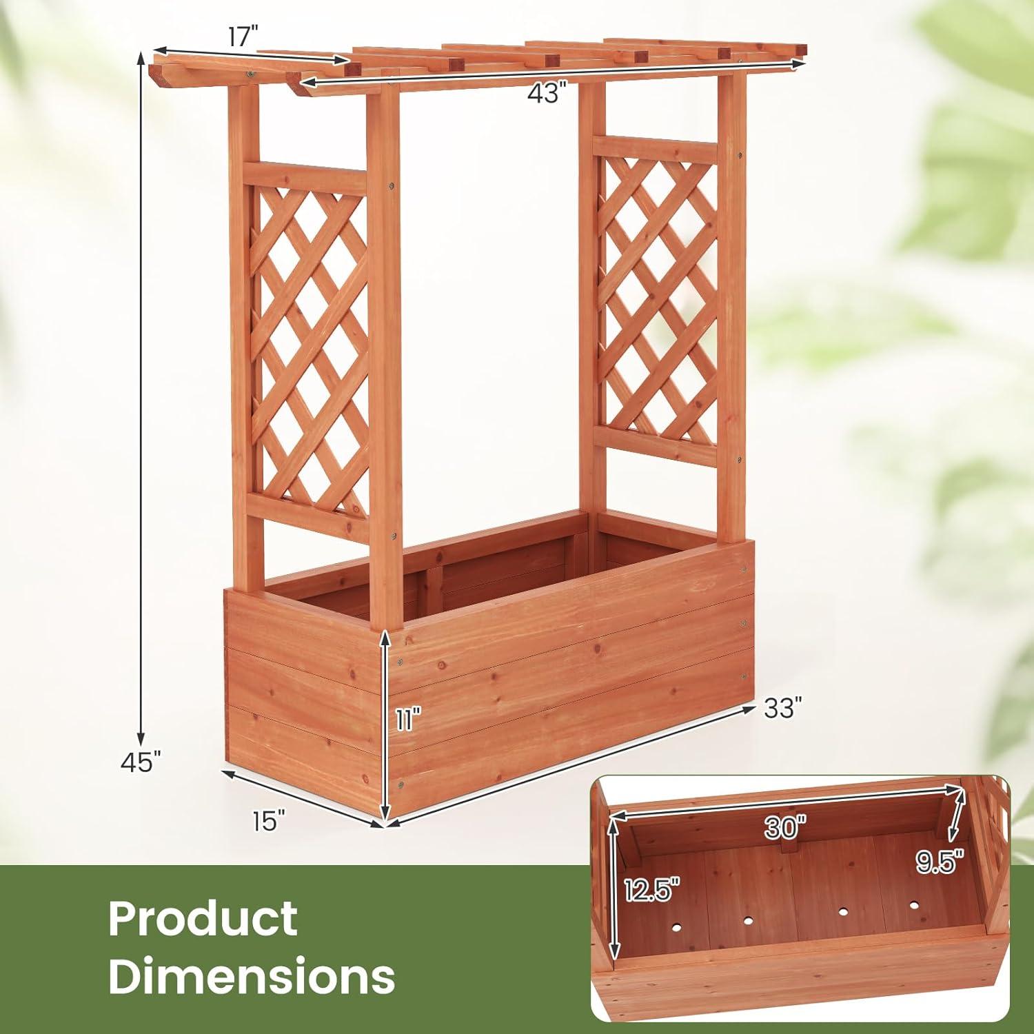 image:imageGiantex Raised Garden Bed with Trellis amp Hanging Roof Wood Planter Box with Bottom and Drainage Holes Freestanding Garden Planter for Flower Vegetable Fruit Herb Climbing Vines 79 x 175 x 451