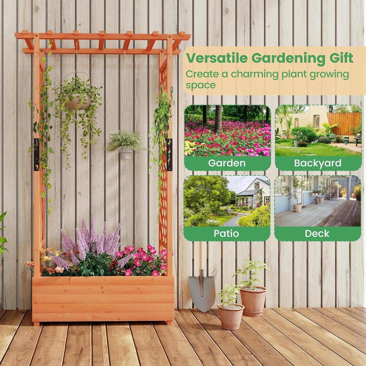 image:imageGiantex Raised Garden Bed with Trellis amp Hanging Roof Wood Planter Box with Bottom and Drainage Holes Freestanding Garden Planter for Flower Vegetable Fruit Herb Climbing Vines 79 x 175 x 451