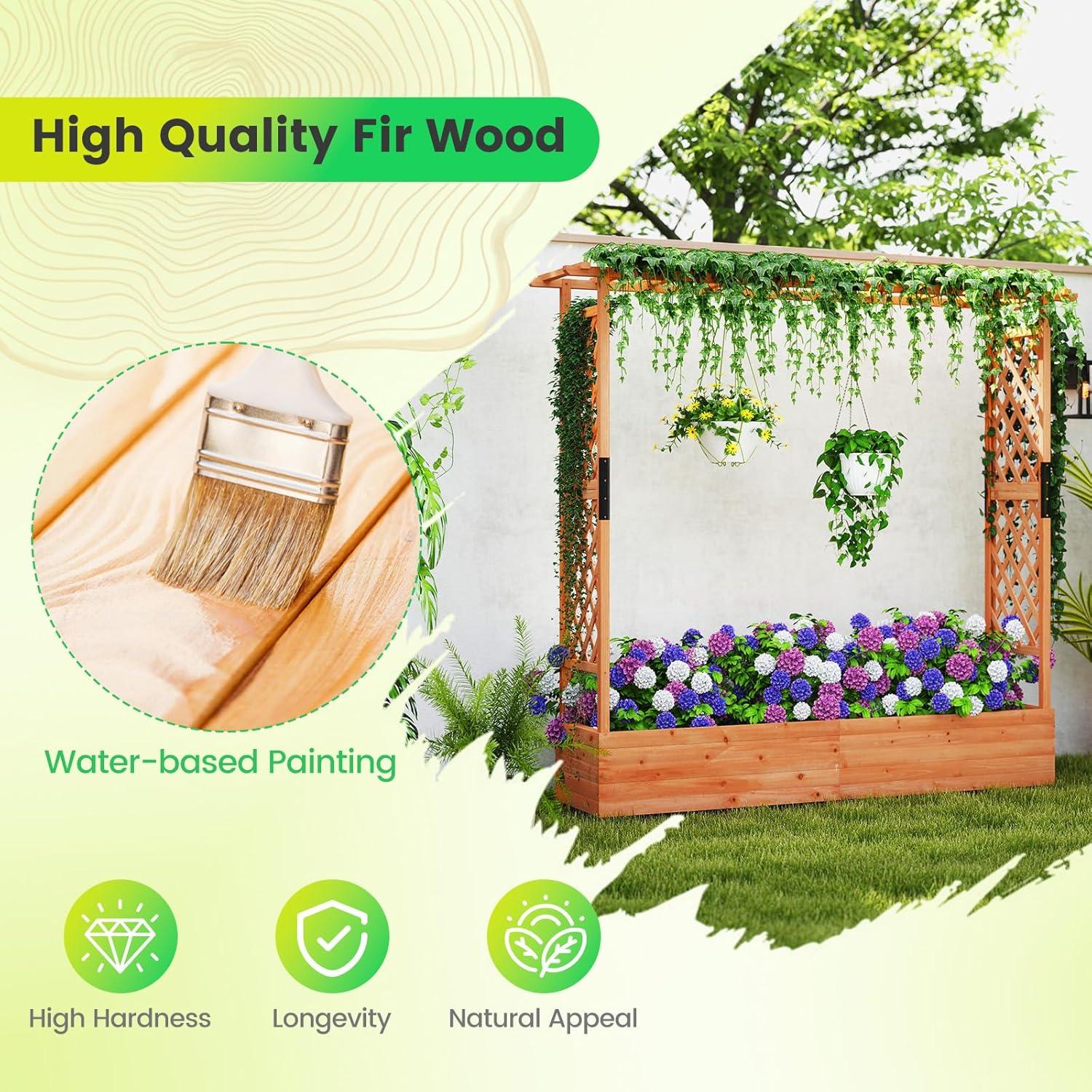 image:imageGiantex Raised Garden Bed with Trellis amp Hanging Roof Wood Planter Box with Bottom and Drainage Holes Freestanding Garden Planter for Flower Vegetable Fruit Herb Climbing Vines 79 x 175 x 451