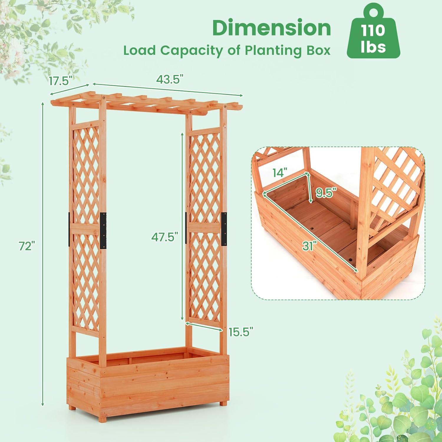 image:imageGiantex Raised Garden Bed with Trellis amp Hanging Roof Wood Planter Box with Bottom and Drainage Holes Freestanding Garden Planter for Flower Vegetable Fruit Herb Climbing Vines 79 x 175 x 451