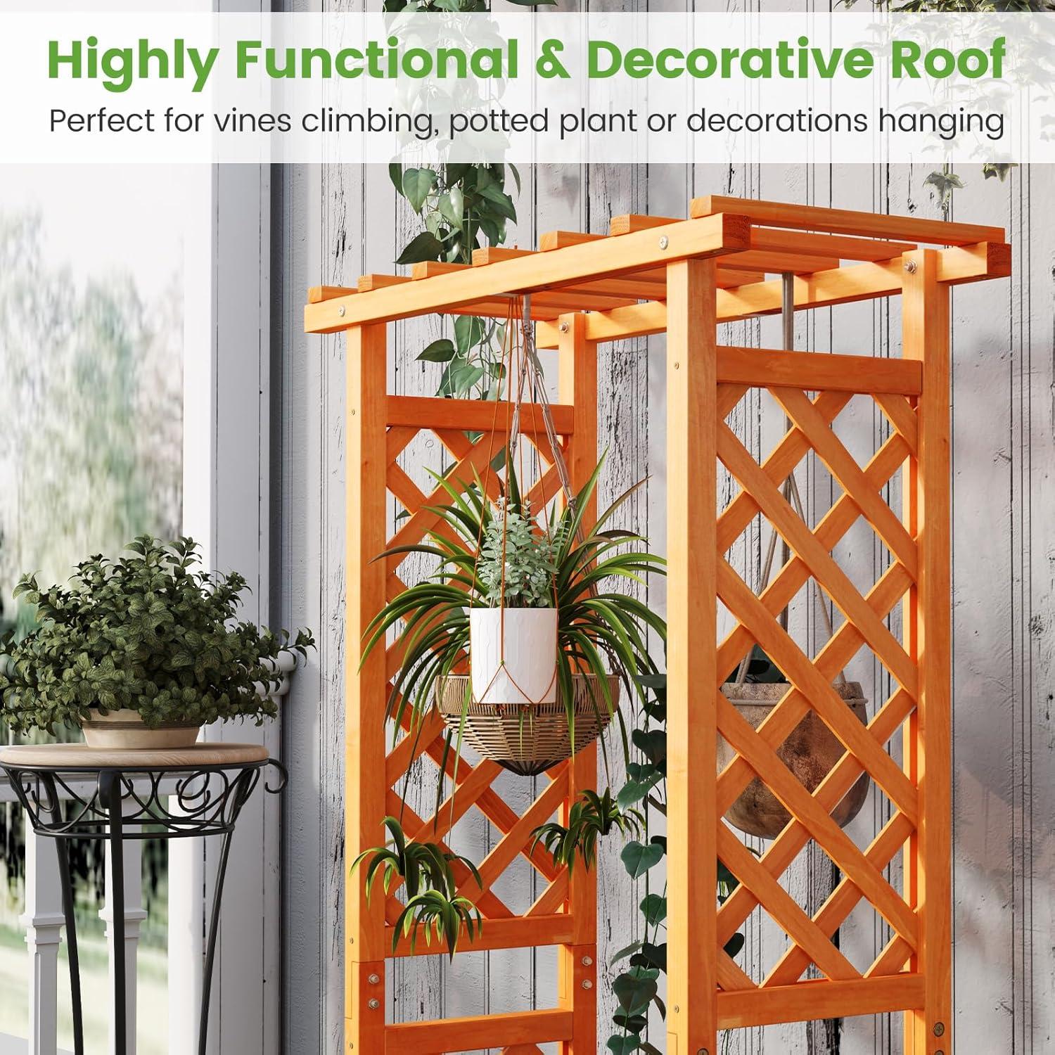 image:imageGiantex Raised Garden Bed with Trellis amp Hanging Roof Wood Planter Box with Bottom and Drainage Holes Freestanding Garden Planter for Flower Vegetable Fruit Herb Climbing Vines 79 x 175 x 451