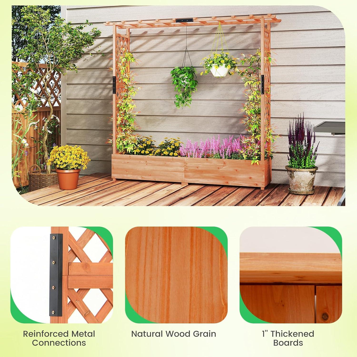 image:imageGiantex Raised Garden Bed with Trellis amp Hanging Roof Wood Planter Box with Bottom and Drainage Holes Freestanding Garden Planter for Flower Vegetable Fruit Herb Climbing Vines 79 x 175 x 451