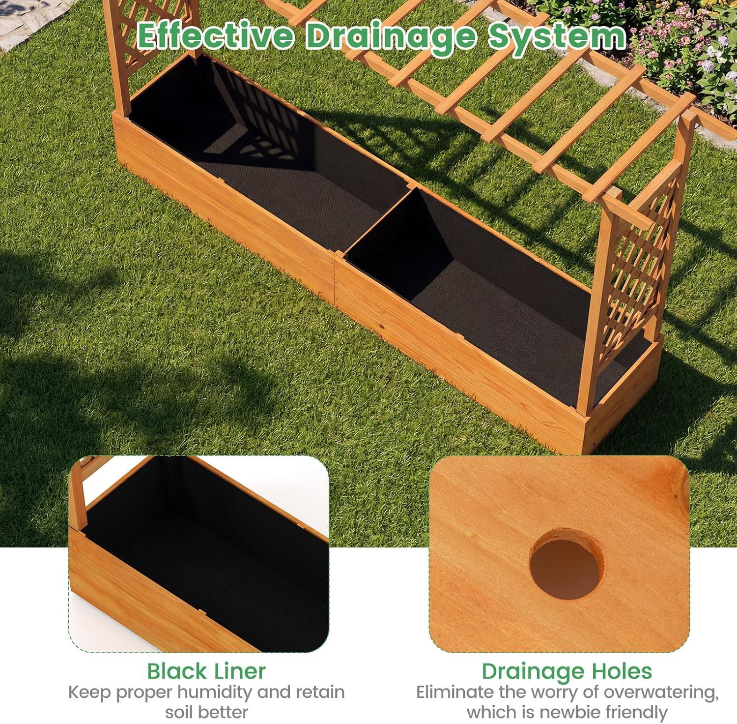 image:imageGiantex Raised Garden Bed with Trellis amp Hanging Roof Wood Planter Box with Bottom and Drainage Holes Freestanding Garden Planter for Flower Vegetable Fruit Herb Climbing Vines 79 x 175 x 451