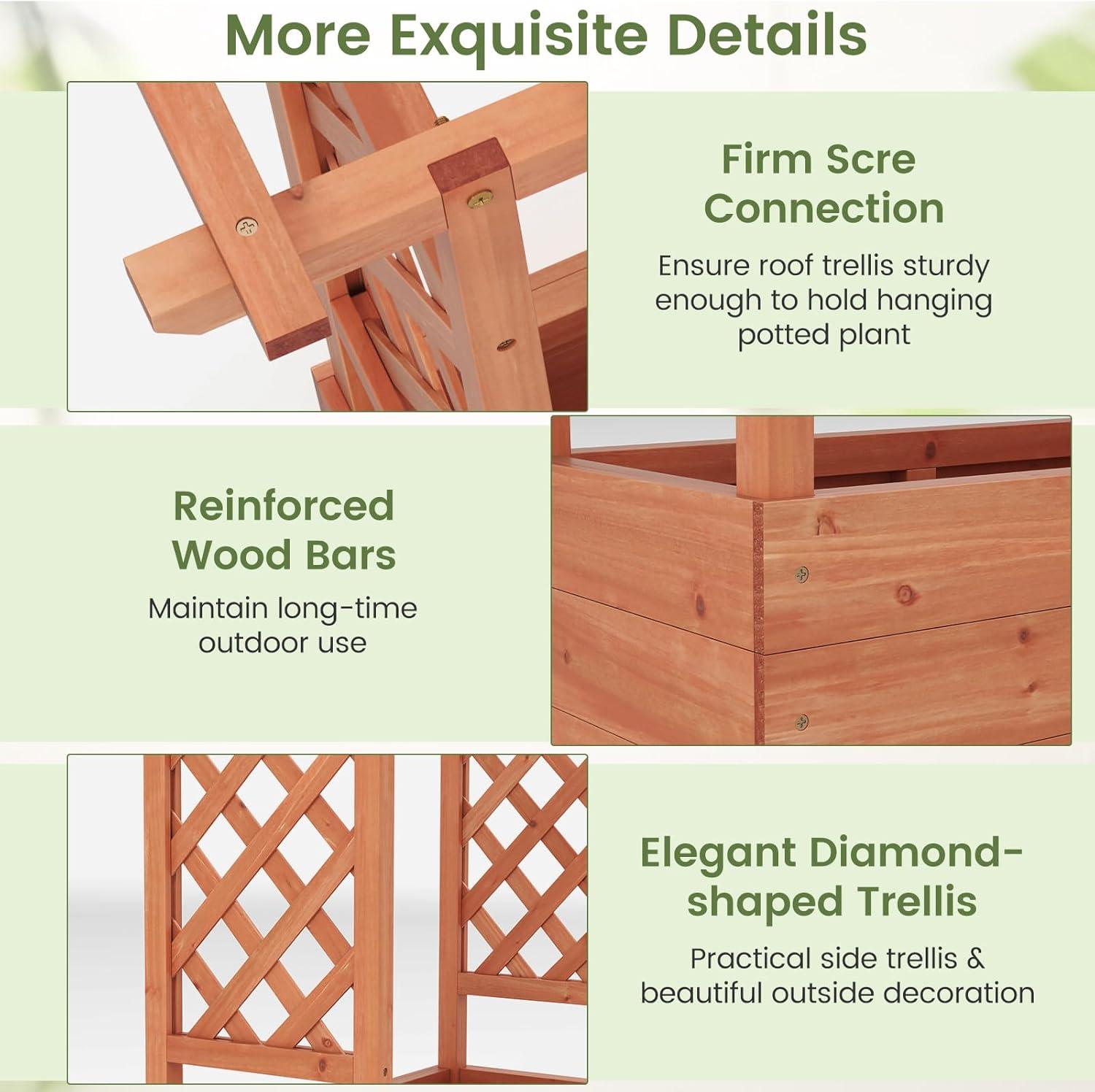 image:imageGiantex Raised Garden Bed with Trellis amp Hanging Roof Wood Planter Box with Bottom and Drainage Holes Freestanding Garden Planter for Flower Vegetable Fruit Herb Climbing Vines 79 x 175 x 451