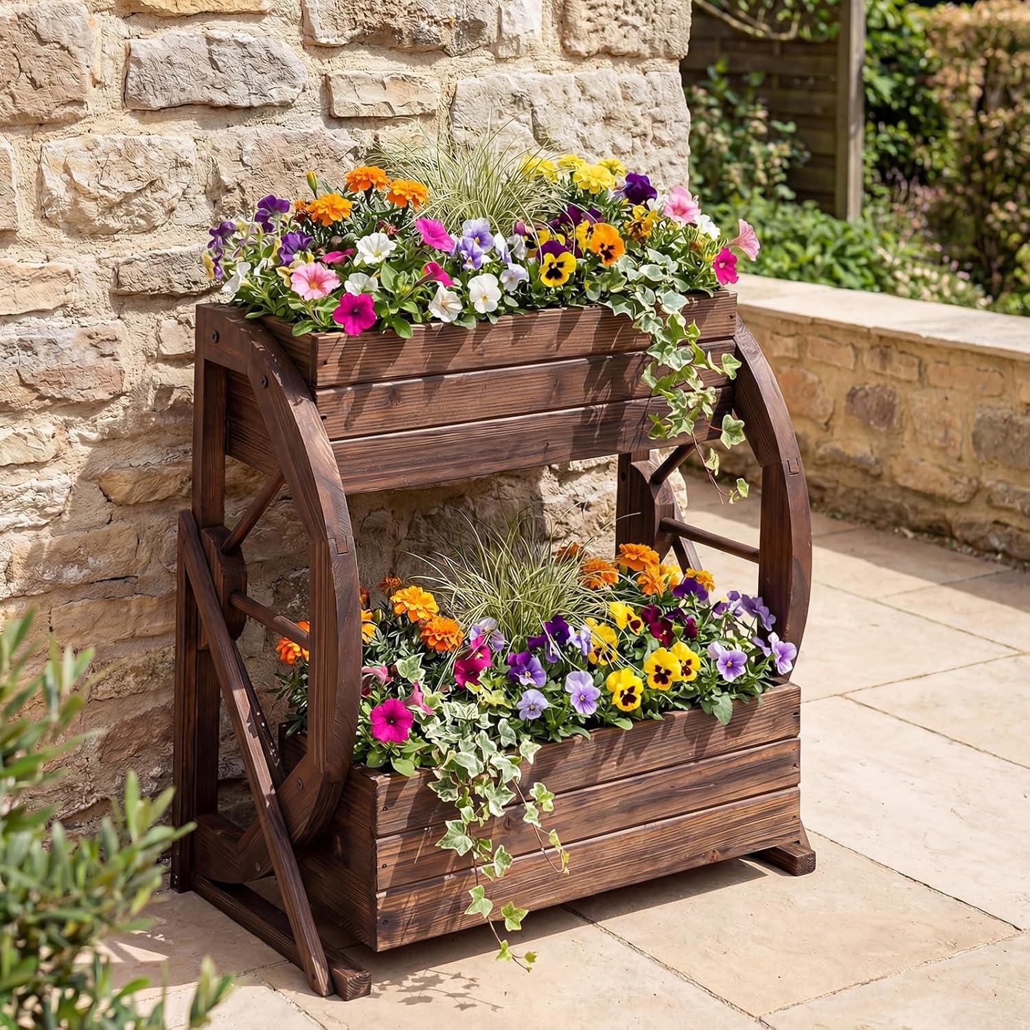 image:imageGiantex Wooden Wagon Planter Box 2Tier Garden Planter with Drainage Holes for Flowers Herbs Vegetables Indoor Outdoor Decorative Planter Container for Patio Garden Balcony 11