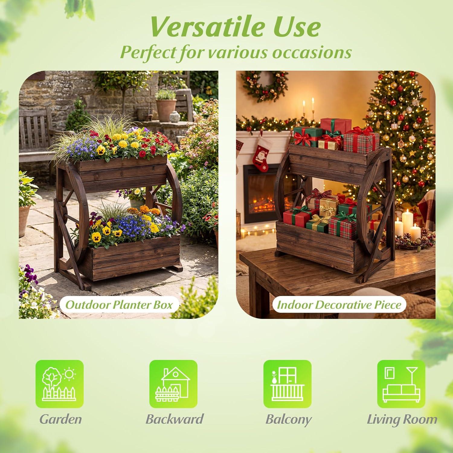 image:imageGiantex Wooden Wagon Planter Box 2Tier Garden Planter with Drainage Holes for Flowers Herbs Vegetables Indoor Outdoor Decorative Planter Container for Patio Garden Balcony 12
