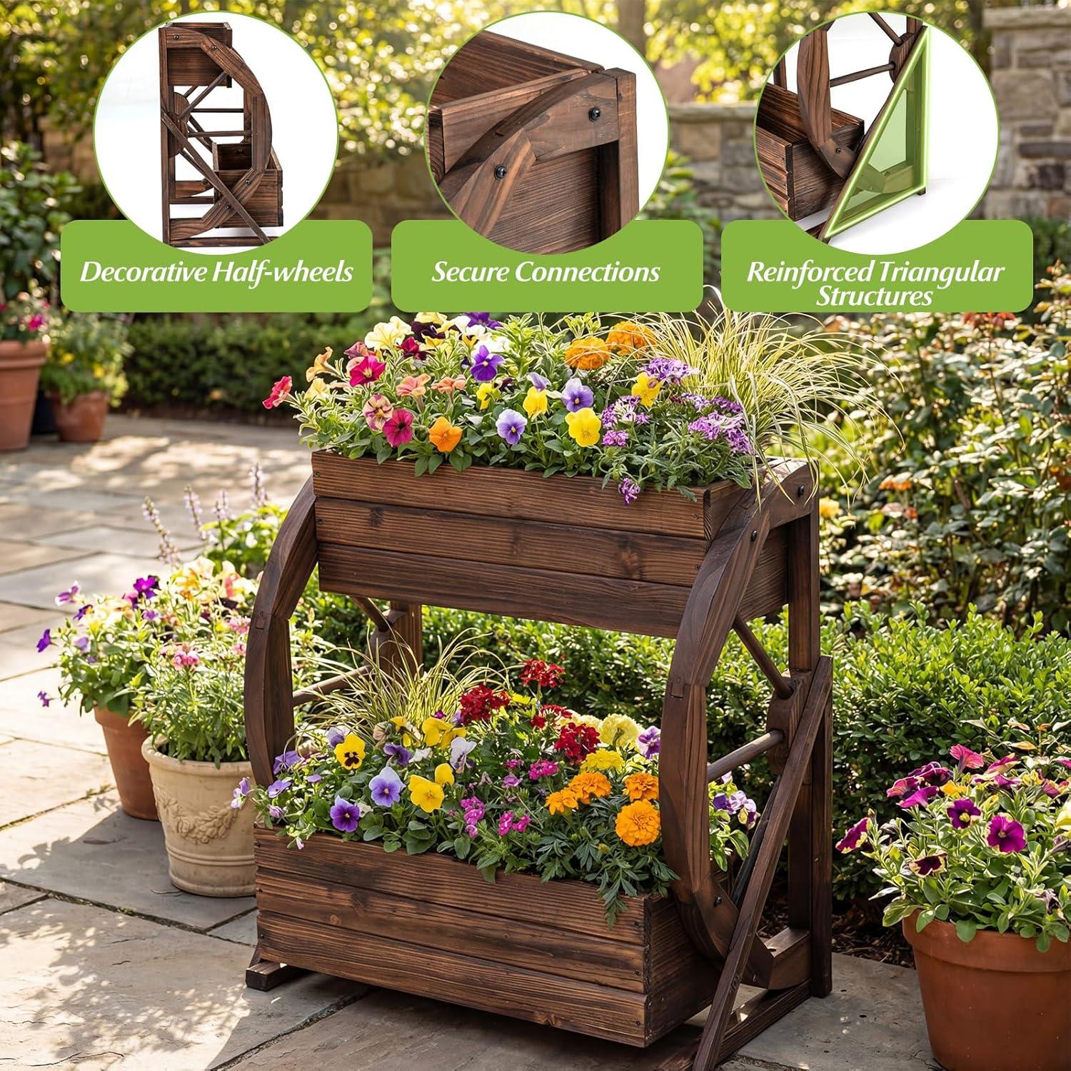 image:imageGiantex Wooden Wagon Planter Box 2Tier Garden Planter with Drainage Holes for Flowers Herbs Vegetables Indoor Outdoor Decorative Planter Container for Patio Garden Balcony 12