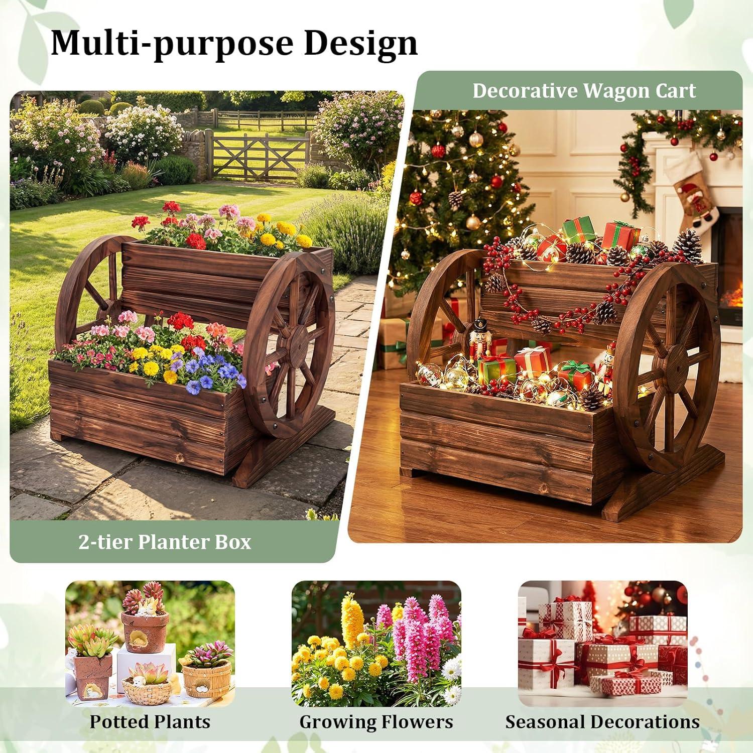 image:imageGiantex Wooden Wagon Planter Box Garden Planter with Drainage Holes amp Wheels for Flowers Herbs Vegetables Indoor Outdoor Decorative Flower Cart for Patio Garden Balcony 11
