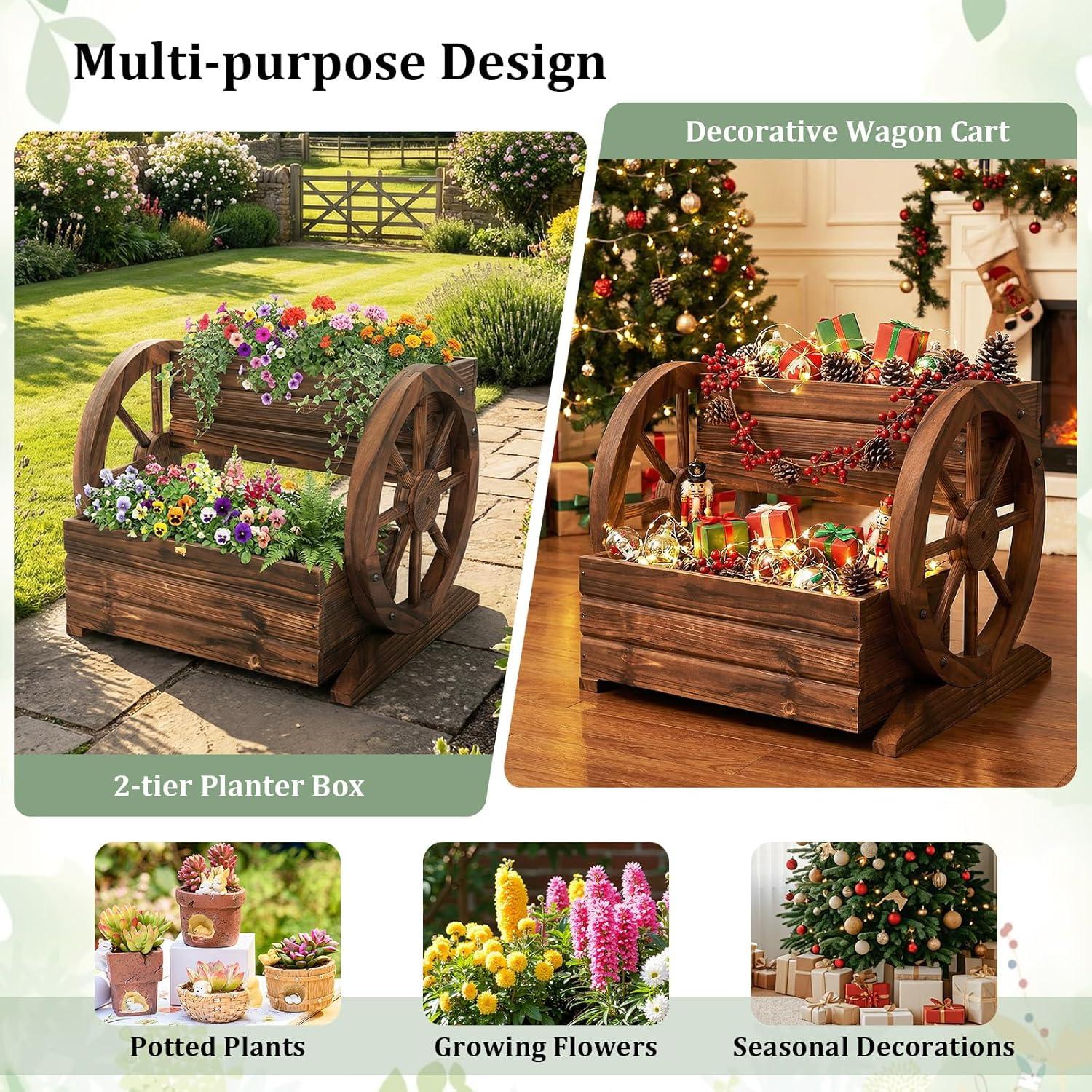 image:imageGiantex Wooden Wagon Planter Box Garden Planter with Drainage Holes amp Wheels for Flowers Herbs Vegetables Indoor Outdoor Decorative Flower Cart for Patio Garden Balcony 12