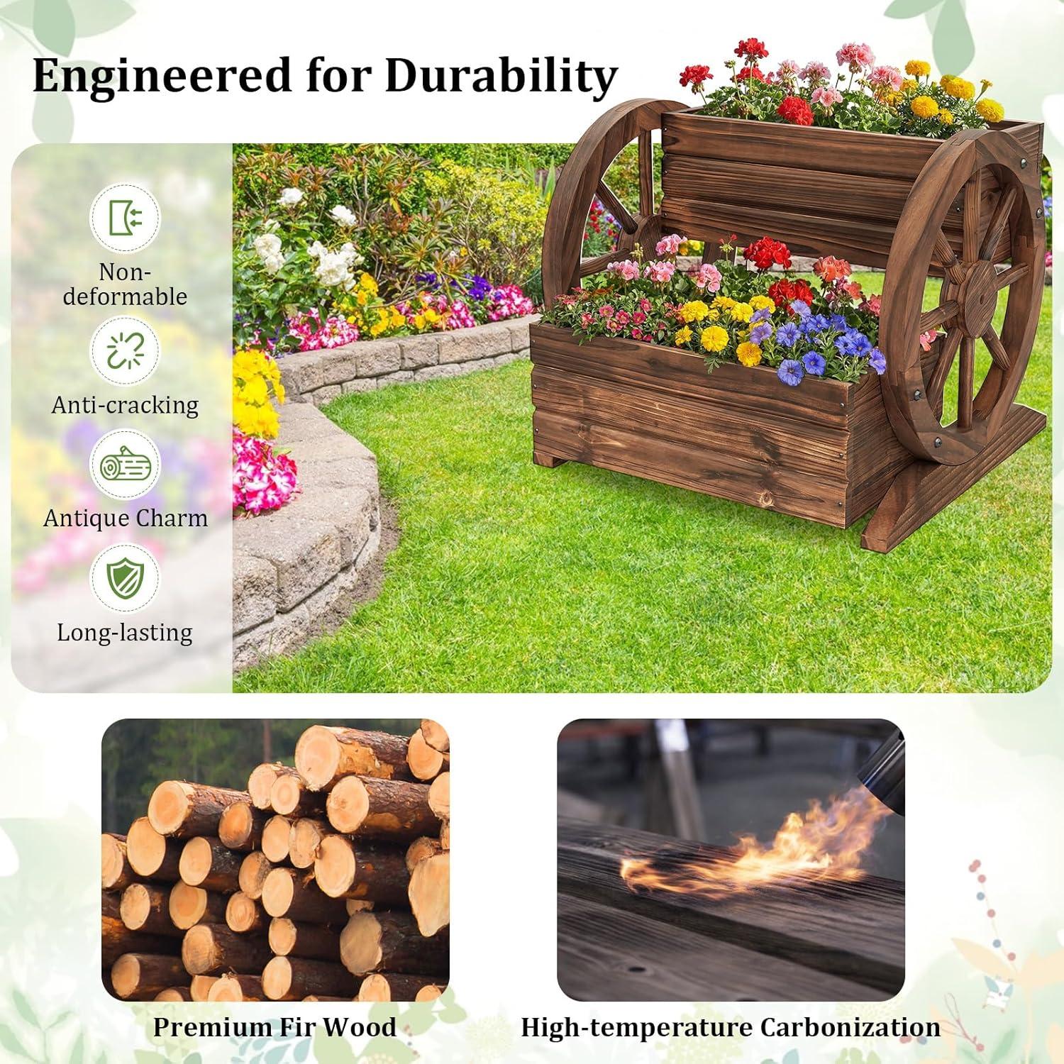 image:imageGiantex Wooden Wagon Planter Box Garden Planter with Drainage Holes amp Wheels for Flowers Herbs Vegetables Indoor Outdoor Decorative Flower Cart for Patio Garden Balcony 11