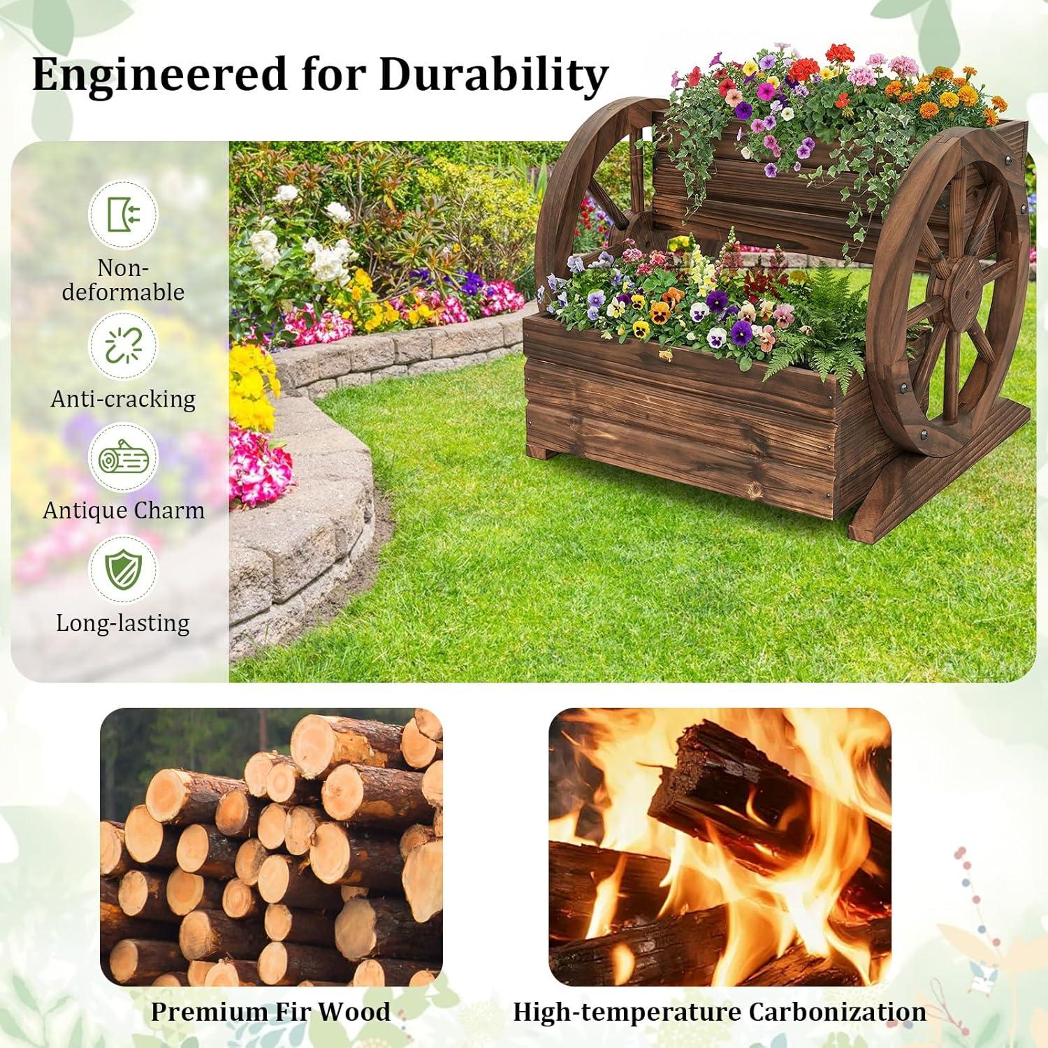 image:imageGiantex Wooden Wagon Planter Box Garden Planter with Drainage Holes amp Wheels for Flowers Herbs Vegetables Indoor Outdoor Decorative Flower Cart for Patio Garden Balcony 12