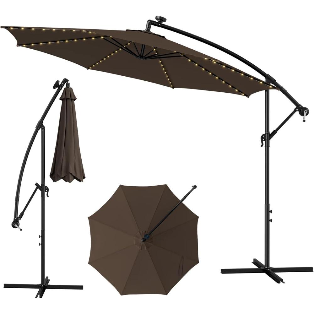 image:imageGiantex 10 ft Offset Patio Umbrella with 112 Solar Meteor Shower Lights Outdoor Cantilever Umbrellas with 8 Ribs Easy Tilt Adjustment Hanging Market Umbrella for Backyard Garden Lawn PoolsideCoffee