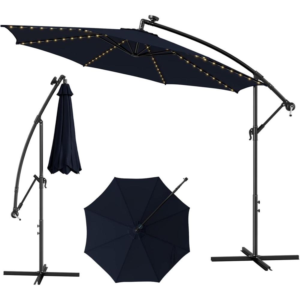 image:imageGiantex 10 ft Offset Patio Umbrella with 112 Solar Meteor Shower Lights Outdoor Cantilever Umbrellas with 8 Ribs Easy Tilt Adjustment Hanging Market Umbrella for Backyard Garden Lawn PoolsideNavy