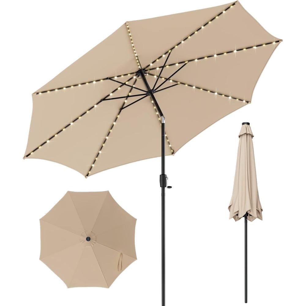 image:imageGiantex 10 ft Patio Umbrella with 112 Solar Meteor Shower Lights Outdoor Table Market Umbrellas with 8 Ribs Tilt Adjustment Crank Handle for Backyard Garden Lawn PoolsideBeige