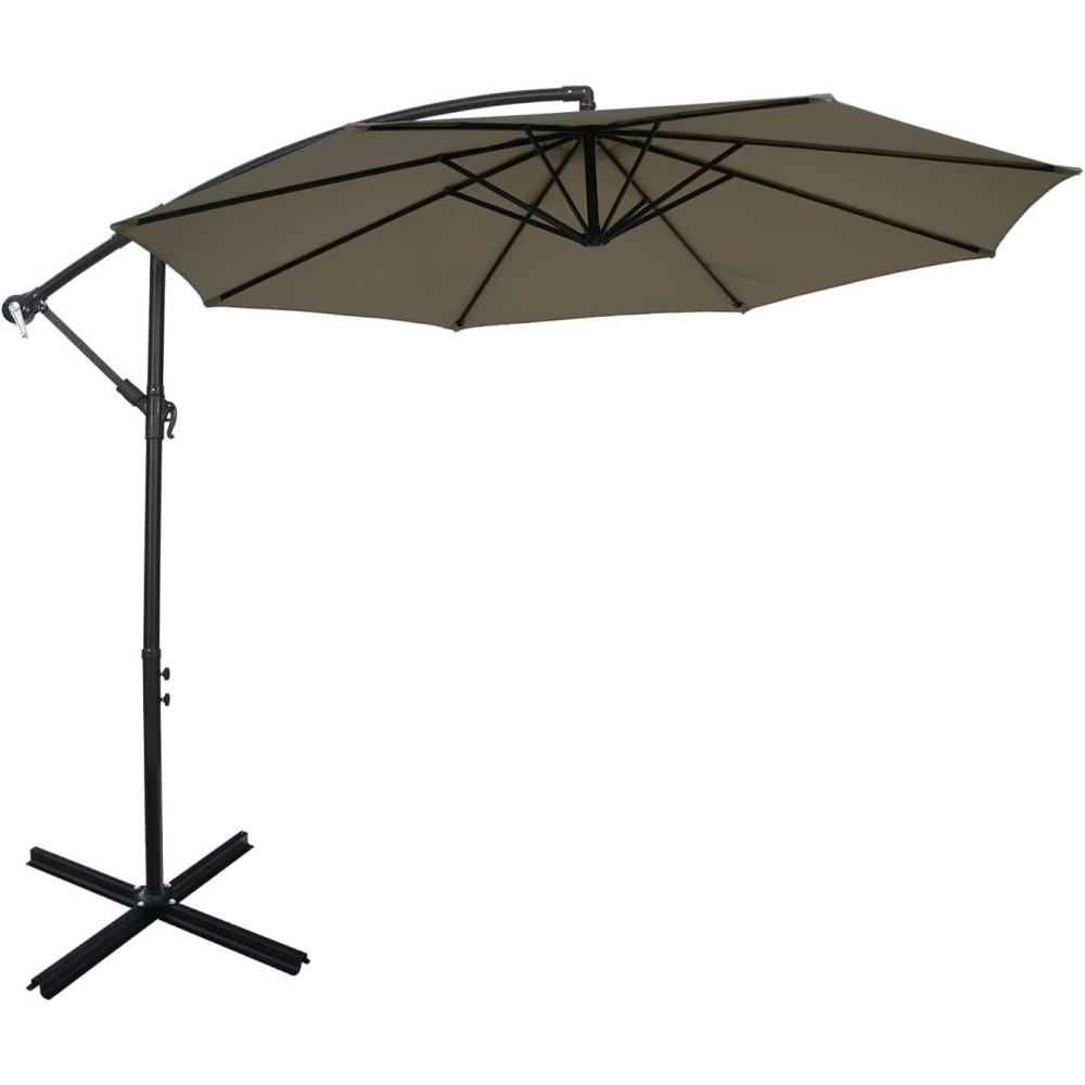 image:imageGiantex 10FT Patio Offset Umbrella 8 Ribs Cantilever Umbrella Outdoor wCrank Cross Base Tilt Adjustment Large Hanging Market Umbrella for Poolside Yard Lawn GardenTan
