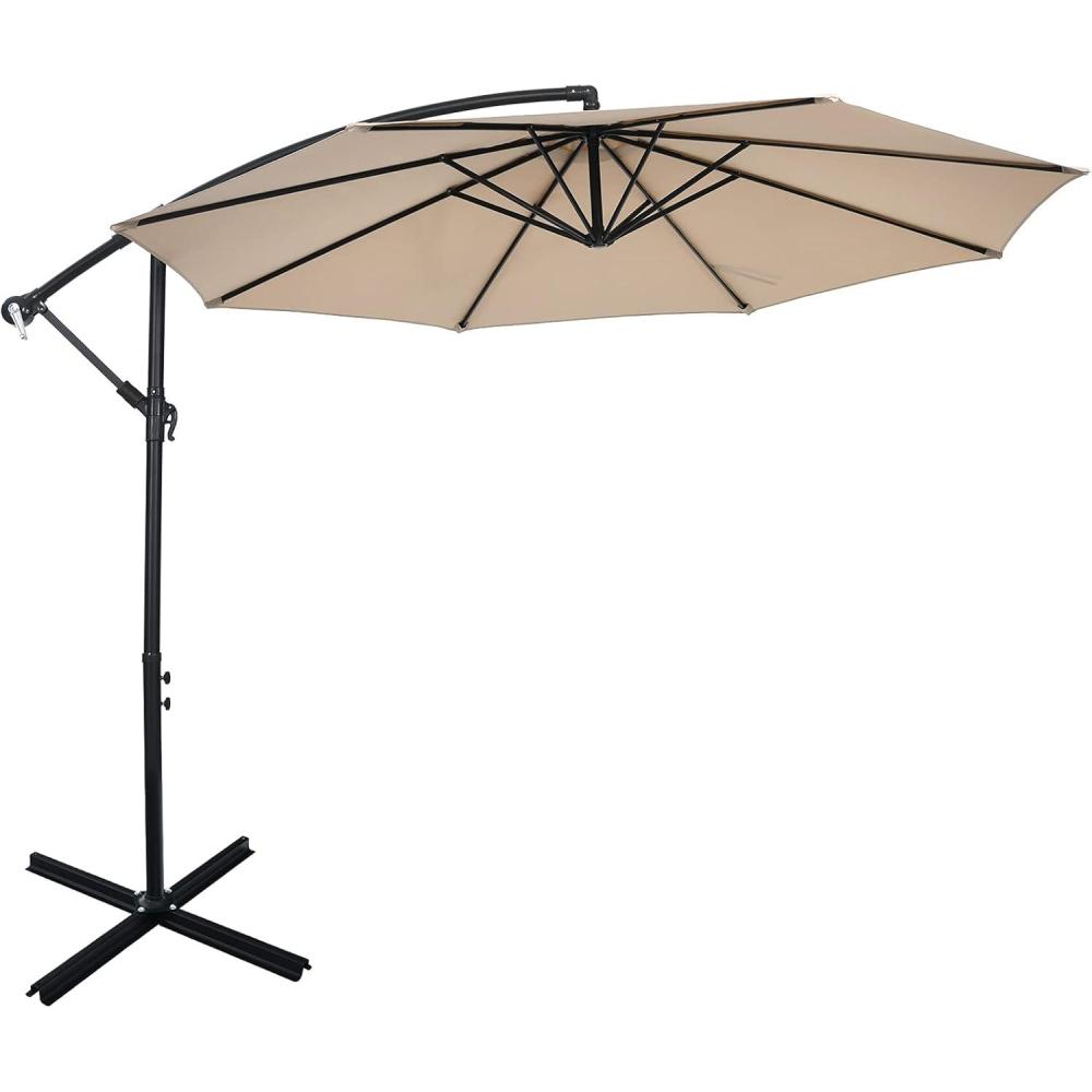image:imageGiantex 10FT Patio Offset Umbrella 8 Ribs Cantilever Umbrella Outdoor wCrank Cross Base Tilt Adjustment Large Hanging Market Umbrella for Poolside Yard Lawn GardenBeige
