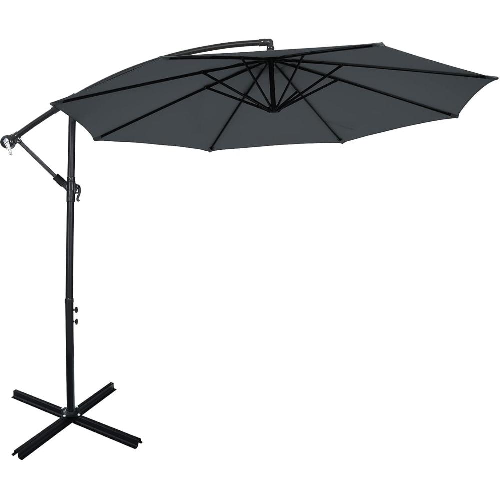 image:imageGiantex 10FT Patio Offset Umbrella 8 Ribs Cantilever Umbrella Outdoor wCrank Cross Base Tilt Adjustment Large Hanging Market Umbrella for Poolside Yard Lawn GardenGray