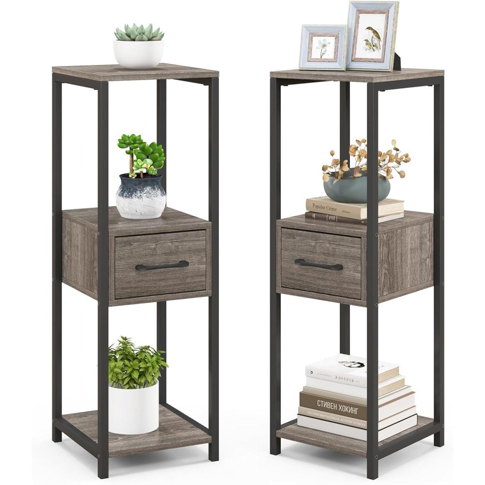 image:imageGiantex 3 Tier Tall Plant Stand Indoor 36 Inch Corner Plant Holder with Drawer amp Metal Frame Modern Plant Shelf for Multiple Flower Pots Square Plant Tables for Balcony Living room 1 PackGreymiddle Drawer