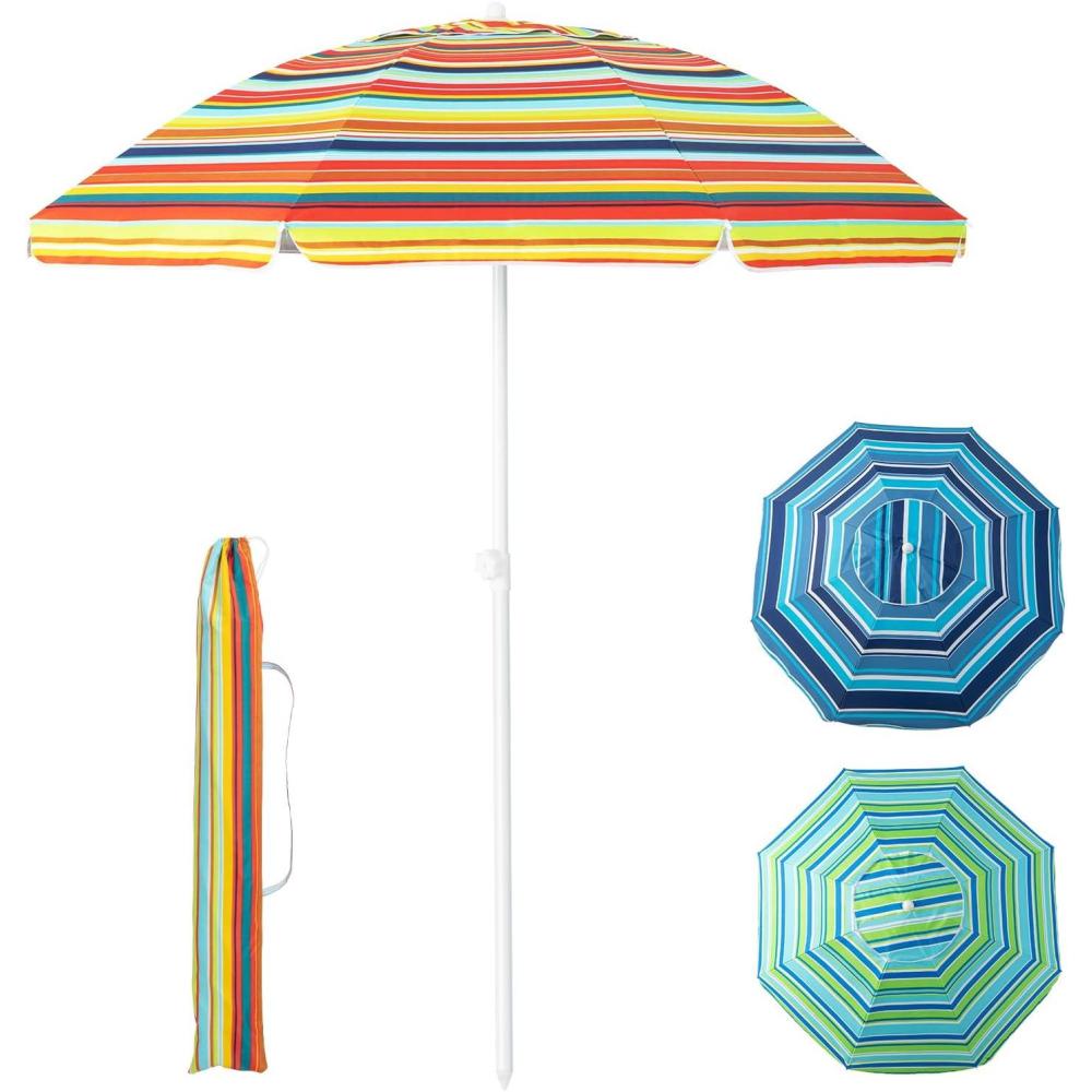 image:imageGiantex Beach Umbrella with Cup Holder Table and Sandbag Portable Outdoor Sunshade Umbrella with Carry Bag Tilt Design Sand Anchor Windproof Ventilated for Beach Patio TripOrange Strip