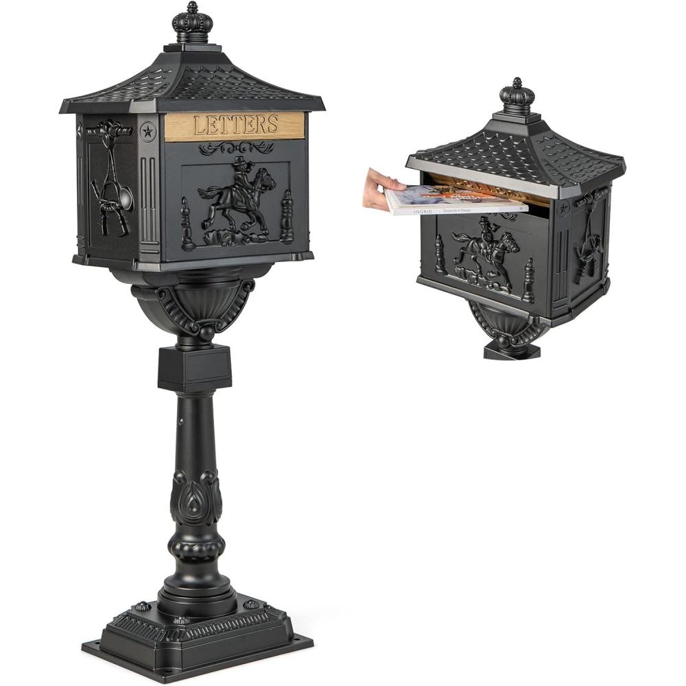 image:imageGiantex Cast Aluminum Mailbox with Post Locking Residential Mailboxes for Outside with Keys Baffle Door Expansion Bolts Address Panel InGround RustProof Large Security Postal Mailbox BlackBlack