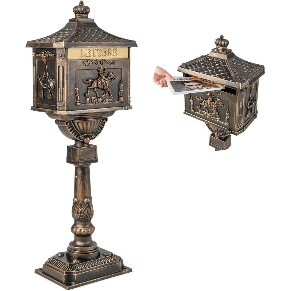 image:imageGiantex Cast Aluminum Mailbox with Post Locking Residential Mailboxes for Outside with Keys Baffle Door Expansion Bolts Address Panel InGround RustProof Large Security Postal Mailbox BlackBronze