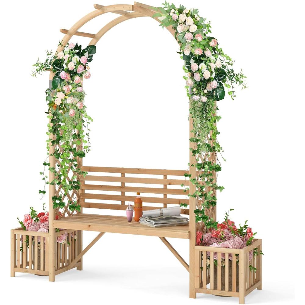 image:imageGiantex Outdoor Bench with Garden Arch amp Planters Wooden Pergola Archway Outdoor Trellis for Climbing Plants Patio Decorative Arbor Arch for Backyard Lawn ArchedNatural73x22x80Natural