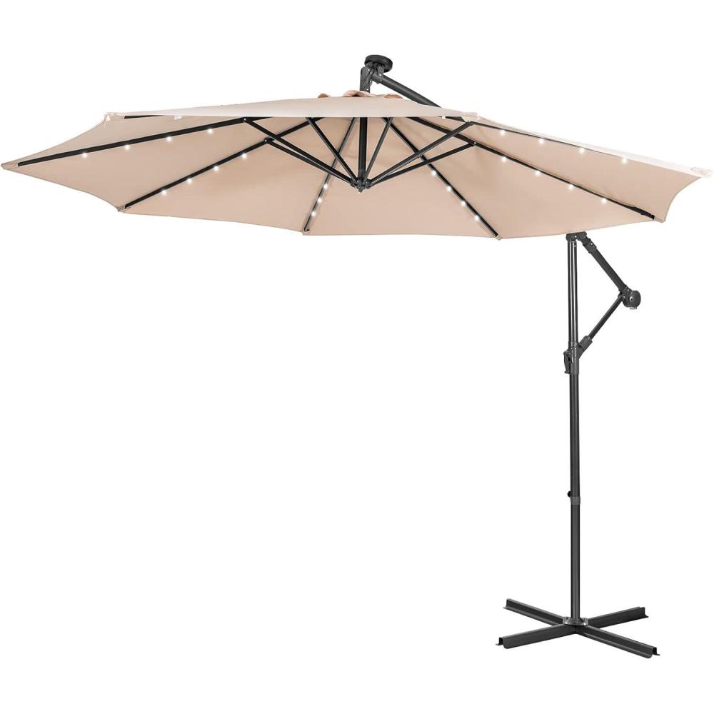image:imageGiantex Patio Umbrella 10 Ft Pool Umbrellas with 32 LED Lights Solar Powered Offset Umbrella 8 Ribs Cantilever Umbrella with Tilting Adjustment HeavyDuty Outdoor UmbrellasBeige