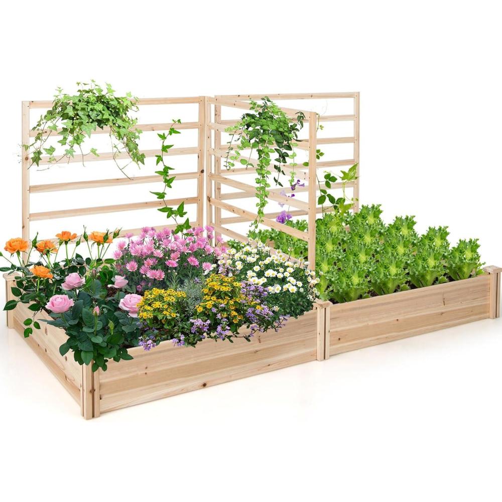image:imageGiantex Raised Garden Bed with Trellis 93 L x 25 W x 40 H Wood Planter Box for Vegetables Flowers Herbs Fruits Climbing Plants Cucumber Easy Assembly Outdoor Rectangular Floor Gardening Beds88x45x43