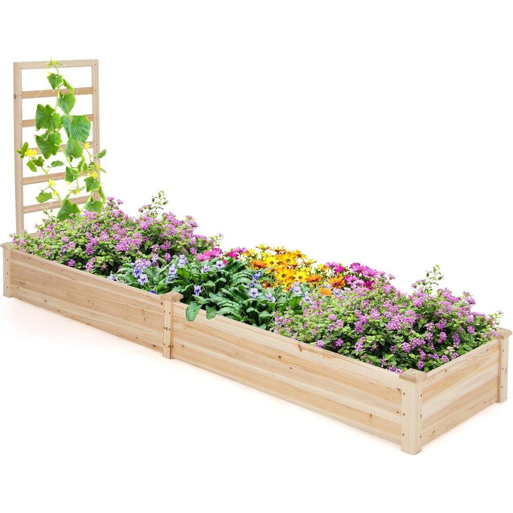 image:imageGiantex Raised Garden Bed with Trellis 93 L x 25 W x 40 H Wood Planter Box for Vegetables Flowers Herbs Fruits Climbing Plants Cucumber Easy Assembly Outdoor Rectangular Floor Gardening Beds93x25x40
