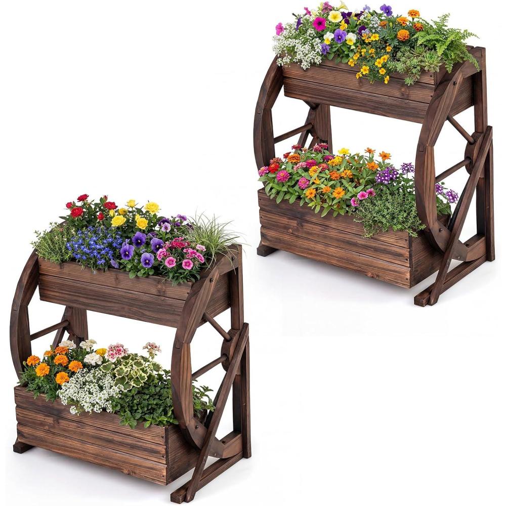 image:imageGiantex Wooden Wagon Planter Box 2Tier Garden Planter with Drainage Holes for Flowers Herbs Vegetables Indoor Outdoor Decorative Planter Container for Patio Garden Balcony 12