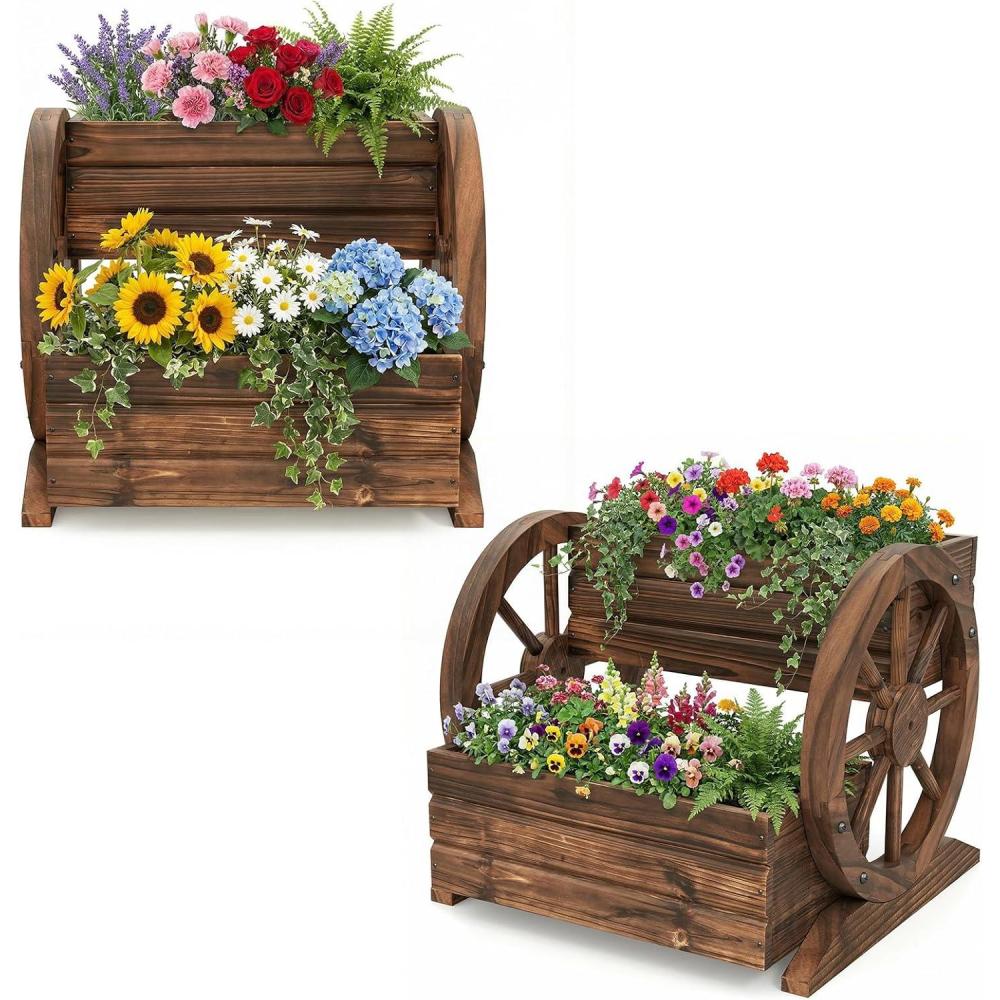 image:imageGiantex Wooden Wagon Planter Box Garden Planter with Drainage Holes amp Wheels for Flowers Herbs Vegetables Indoor Outdoor Decorative Flower Cart for Patio Garden Balcony 12
