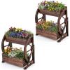Giantex Wooden Wagon Planter Box, 2-Tier Garden Planter with Drainage Holes for Flowers Herbs Vegetables, Indoor Outdoor Decorative Planter Container for Patio Garden Balcony (1)(2)
