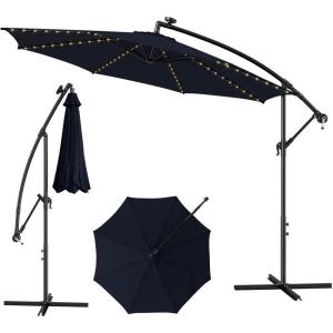 Giantex 10 ft Offset Patio Umbrella with 112 Solar Meteor Shower Lights, Outdoor Cantilever Umbrellas with 8 Ribs, Easy Tilt Adjustment, Hanging Market Umbrella for Backyard Garden Lawn Poolside(Navy)