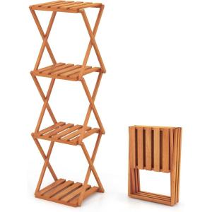 Giantex 4-Tier Foldable Plant Stand, Wooden Folding Display Rack with Sturdy X-shaped Structure, Corner Plant Shelf for Yard Garden Patio Balcony Bedroom, No Assembly Required