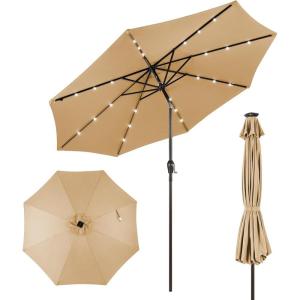 Giantex 9ft/10ft Outdoor Patio umbrella with Solar Lights, Table Market Umbrella with Crank and Push-button Tilt System, Solar LED Lighted Patio Umbrella for Backyard Deck Pool Beach(Beige)