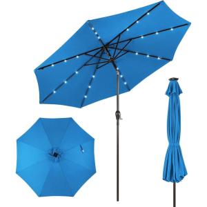 Giantex 9ft/10ft Outdoor Patio umbrella with Solar Lights, Table Market Umbrella with Crank and Push-button Tilt System, Solar LED Lighted Patio Umbrella for Backyard Deck Pool Beach(Blue)
