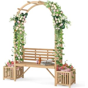 Giantex Outdoor Bench with Garden Arch & Planters, Wooden Pergola Archway, Outdoor Trellis for Climbing Plants, Patio Decorative Arbor Arch for Backyard Lawn (Arched,Natural,73″x22″x80″)(Natural)