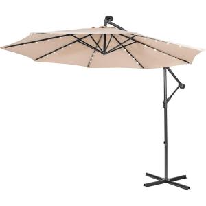 Giantex Patio Umbrella 10 Ft, Pool Umbrellas with 32 LED Lights Solar Powered Offset Umbrella, 8 Ribs Cantilever Umbrella with Tilting Adjustment, Heavy-Duty Outdoor Umbrellas(Beige)