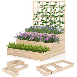 Giantex Raised Garden Bed with Trellis, 93″ L x 25″ W x 40″ H, Wood Planter Box for Vegetables Flowers Herbs Fruits Climbing Plants Cucumber, Easy Assembly, Outdoor Rectangular Floor Gardening Beds(44″x45″x56″)
