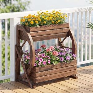 Giantex Wooden Wagon Planter Box, 2-Tier Garden Planter with Drainage Holes for Flowers Herbs Vegetables, Indoor Outdoor Decorative Planter Container for Patio Garden Balcony (1)(1)