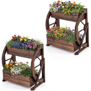 Giantex Wooden Wagon Planter Box, 2-Tier Garden Planter with Drainage Holes for Flowers Herbs Vegetables, Indoor Outdoor Decorative Planter Container for Patio Garden Balcony (1)(2)