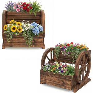 Giantex Wooden Wagon Planter Box, Garden Planter with Drainage Holes & Wheels for Flowers Herbs Vegetables, Indoor Outdoor Decorative Flower Cart for Patio Garden Balcony (1)(2)