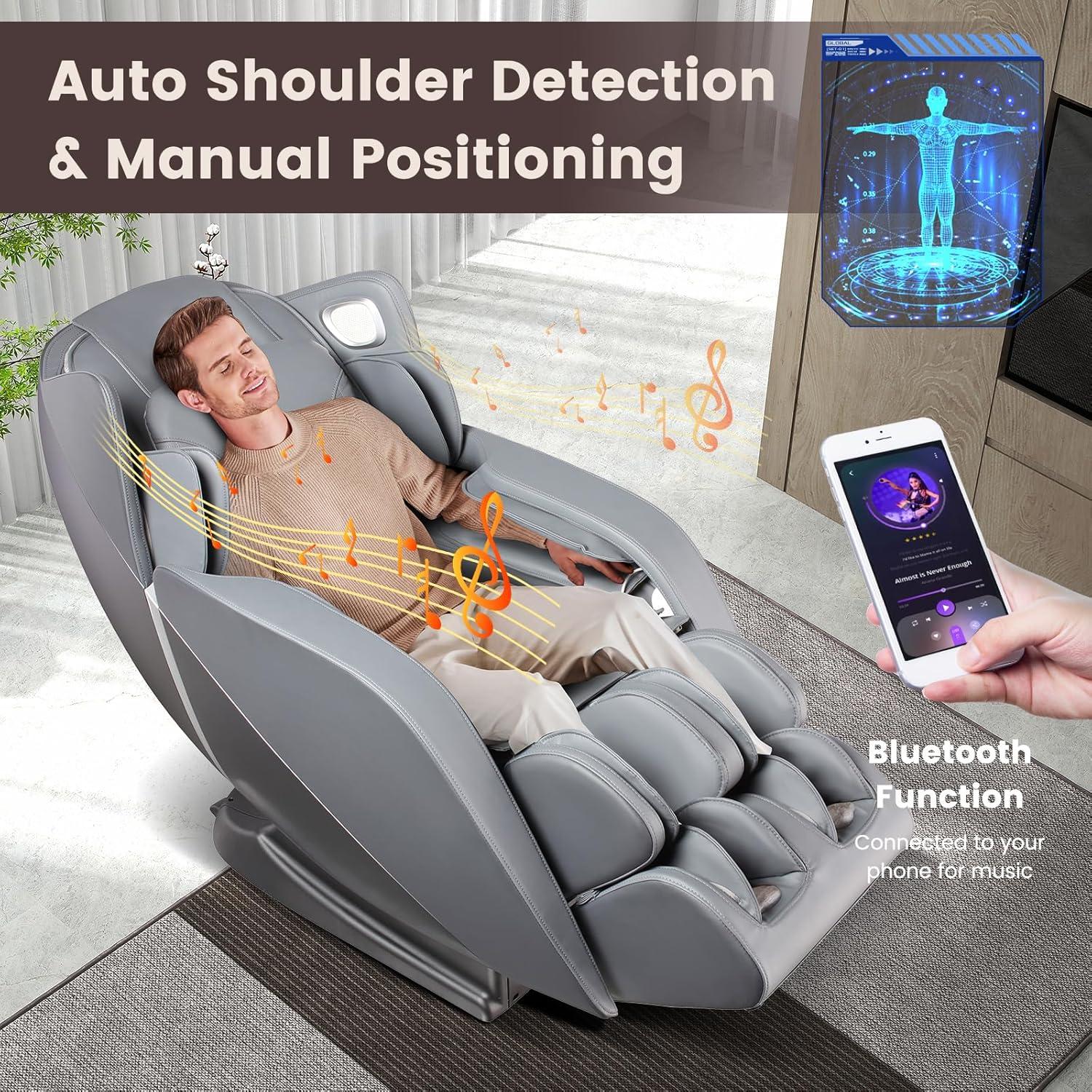 image:imageGiantex Full Body Massage Chair Zero Gravity Recliner Chair with SL Track Airbags Foot Rollers Shoulder Detection Heating Bluetooth 12 Modes Voice Control AssemblyFreeGrey