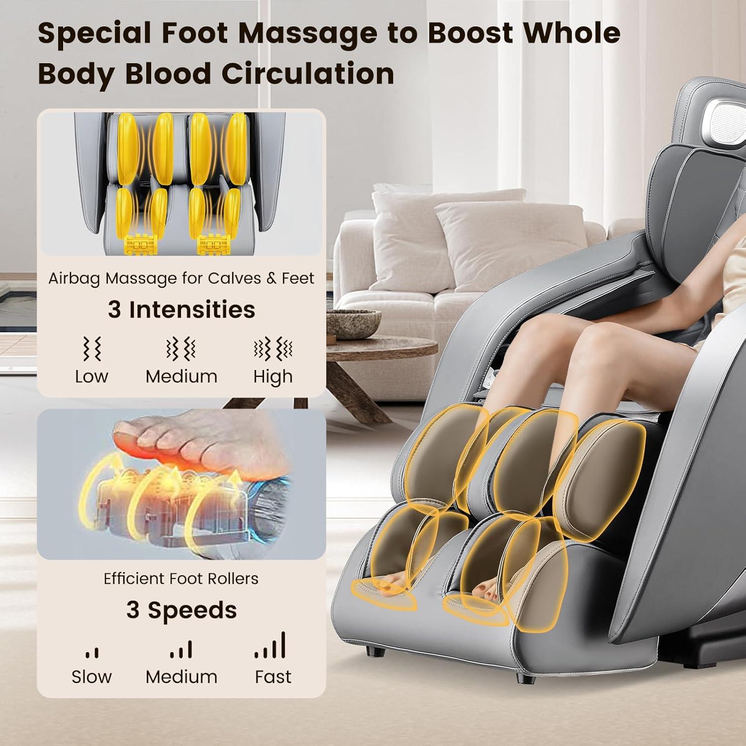 image:imageGiantex Full Body Massage Chair Zero Gravity Recliner Chair with SL Track Airbags Foot Rollers Shoulder Detection Heating Bluetooth 12 Modes Voice Control AssemblyFreeGrey