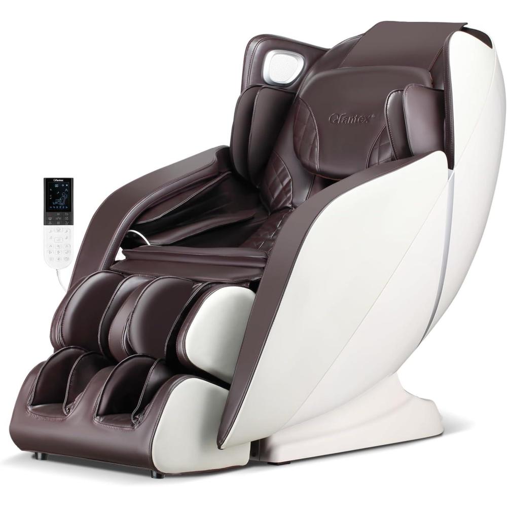 image:imageGiantex Full Body Massage Chair Zero Gravity Recliner Chair with SL Track Airbags Foot Rollers Shoulder Detection Heating Bluetooth 12 Modes Voice Control AssemblyFreeBrown