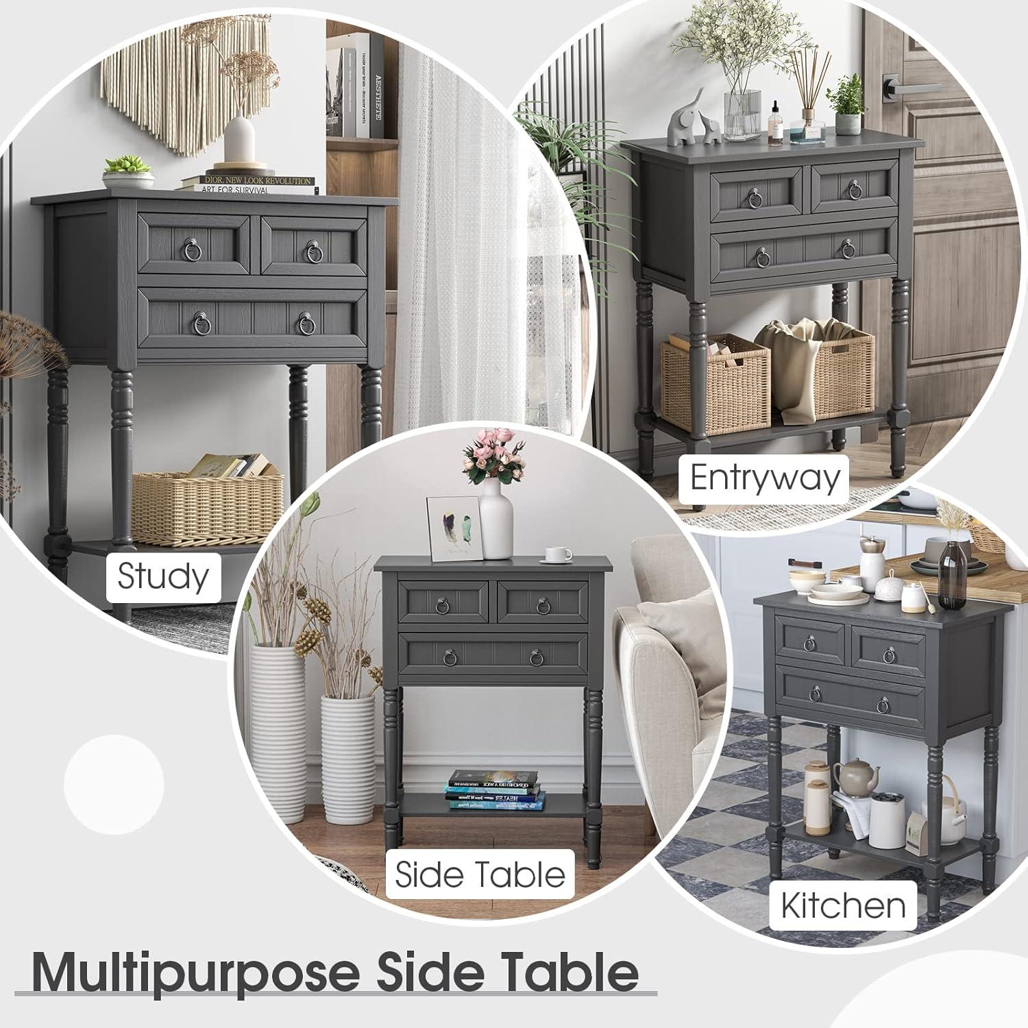 image:imageGiantex Entryway Table with Storage Rustic Small Console Table w 3 Drawers amp Open Bottom Shelf Skinny Wood Console Table Narrow Sofa Side Table for Living Room Foyer Hallway Entry Table BeigeGrey