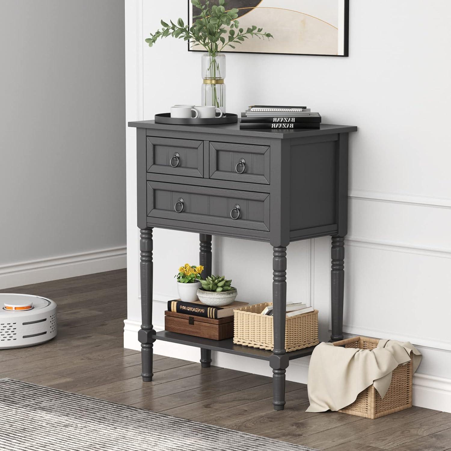 image:imageGiantex Entryway Table with Storage Rustic Small Console Table w 3 Drawers amp Open Bottom Shelf Skinny Wood Console Table Narrow Sofa Side Table for Living Room Foyer Hallway Entry Table BeigeGrey