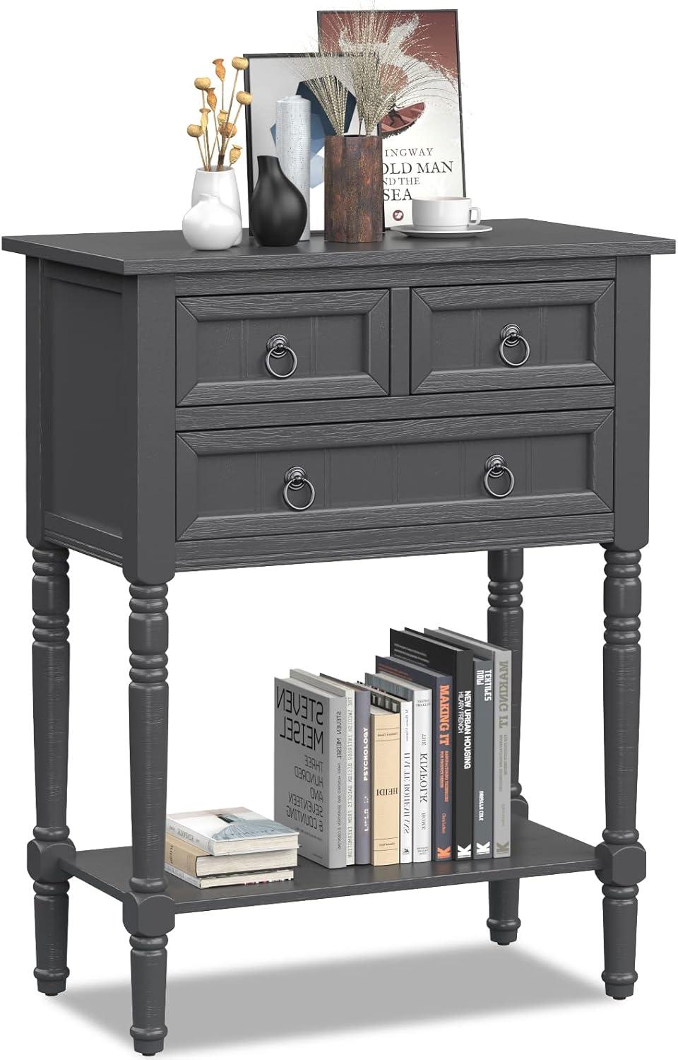 image:imageGiantex Entryway Table with Storage Rustic Small Console Table w 3 Drawers amp Open Bottom Shelf Skinny Wood Console Table Narrow Sofa Side Table for Living Room Foyer Hallway Entry Table BeigeGrey